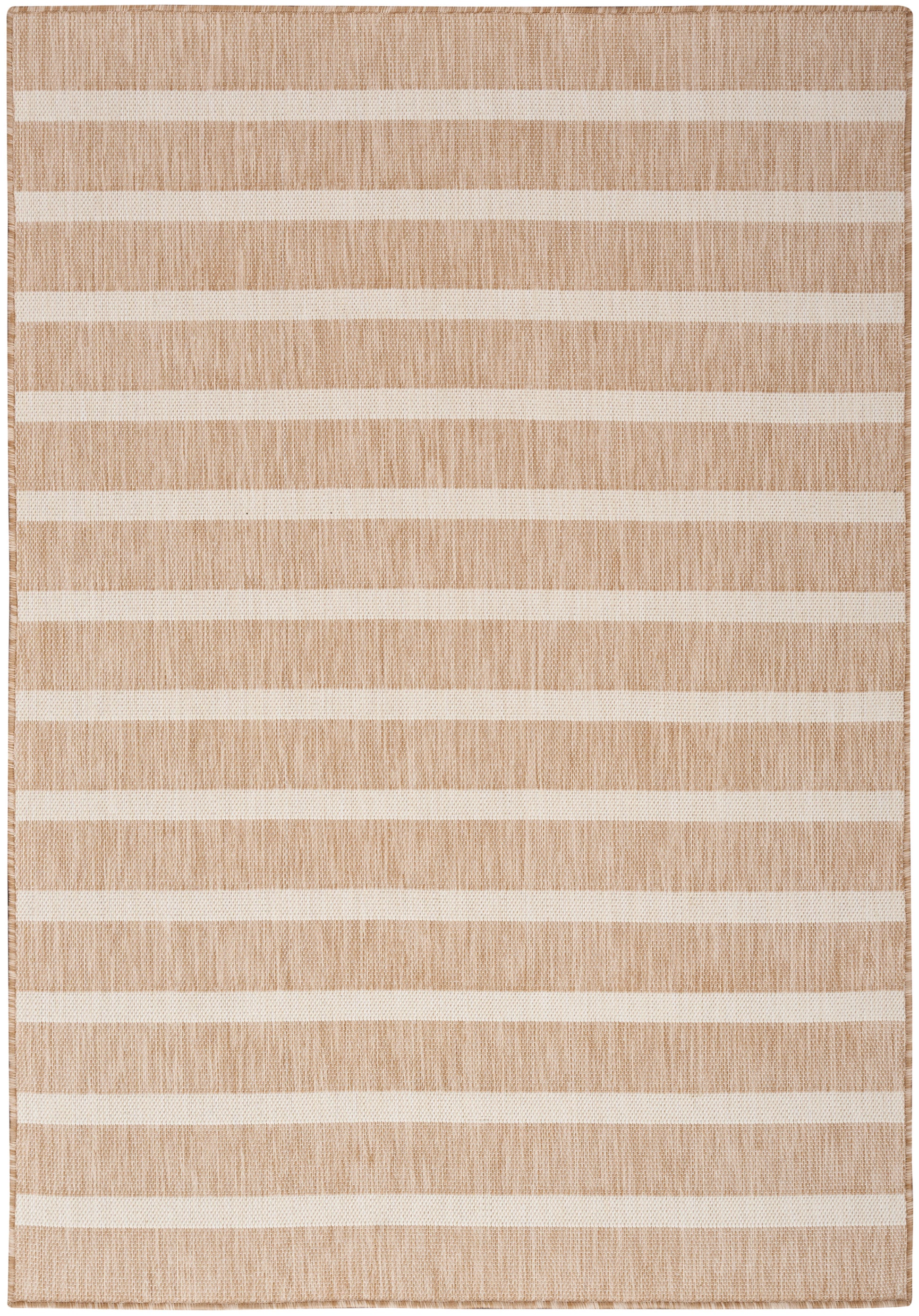 Natural beige woven rug with cream horizontal stripes and textured surface.