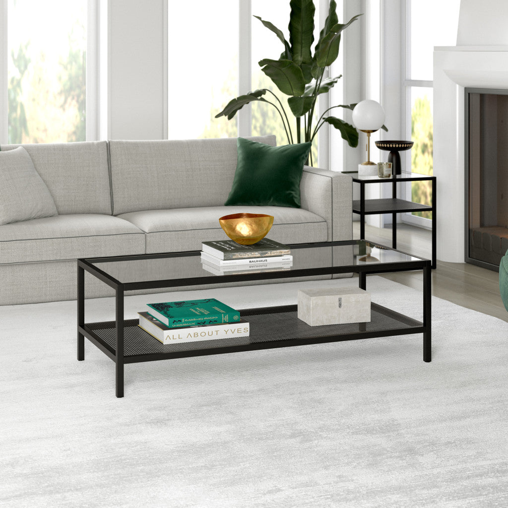 54" Black Glass And Steel Coffee Table With Shelf