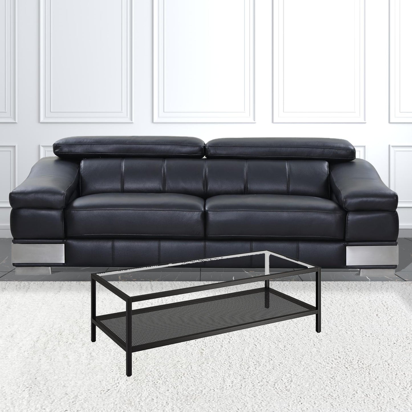 54" Black Glass And Steel Coffee Table With Shelf