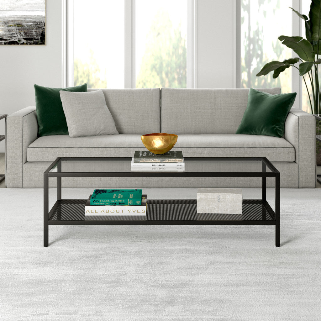 54" Black Glass And Steel Coffee Table With Shelf