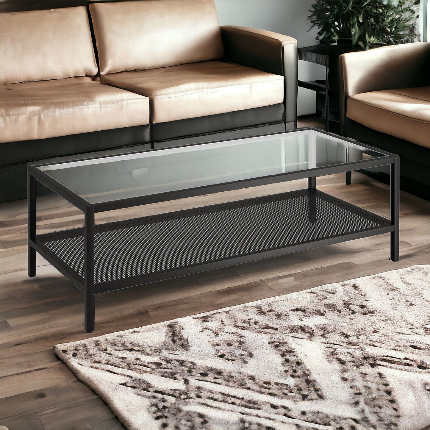 54" Black Glass And Steel Coffee Table With Shelf