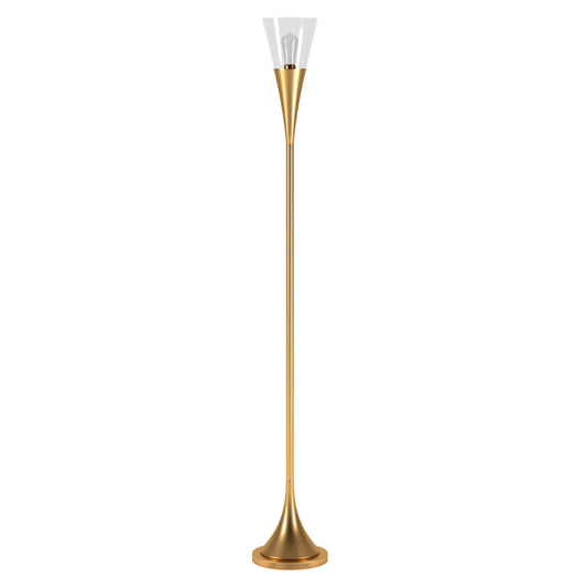 71" Brass Torchiere Floor Lamp With Clear Transparent Glass Cone Shade