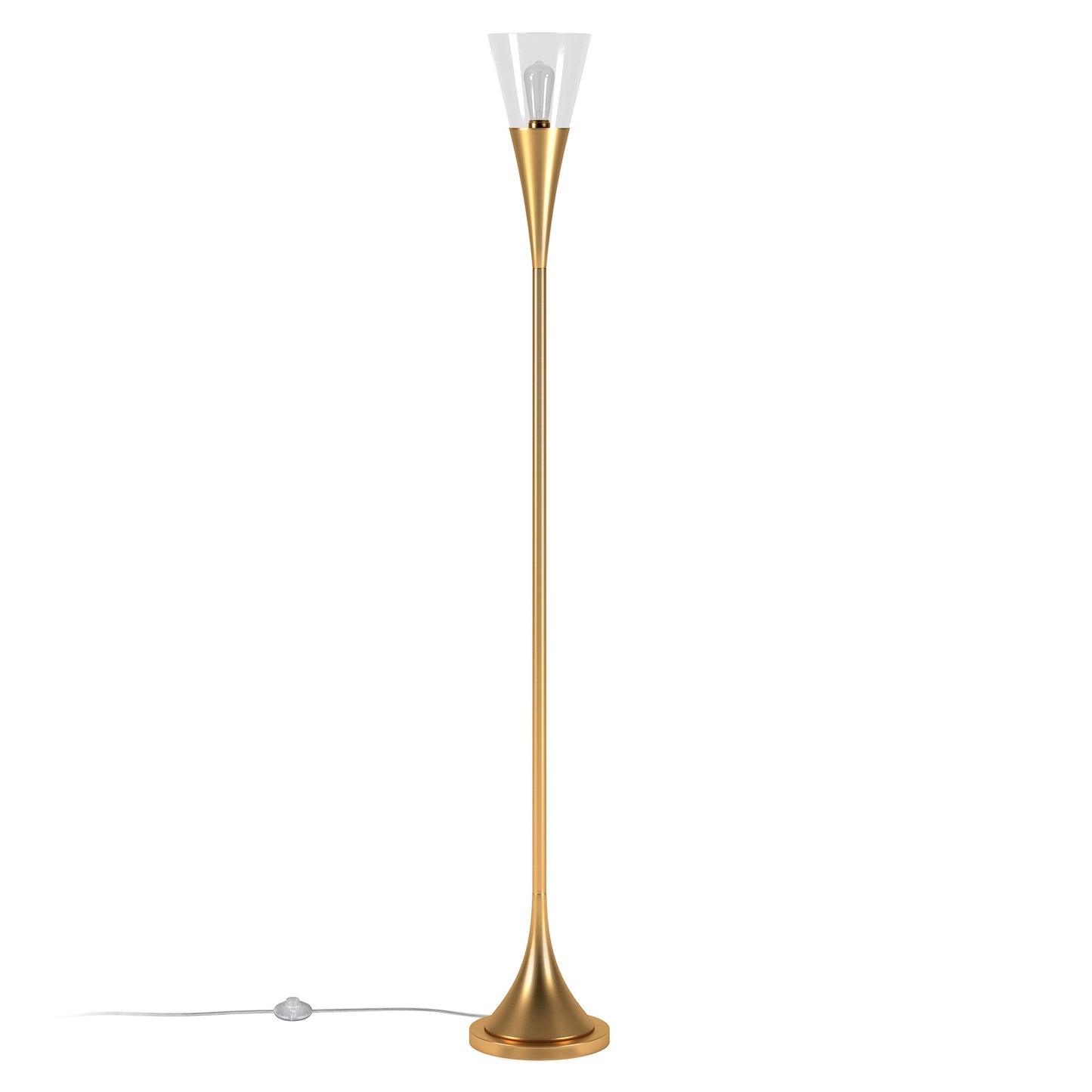 71" Brass Torchiere Floor Lamp With Clear Transparent Glass Cone Shade