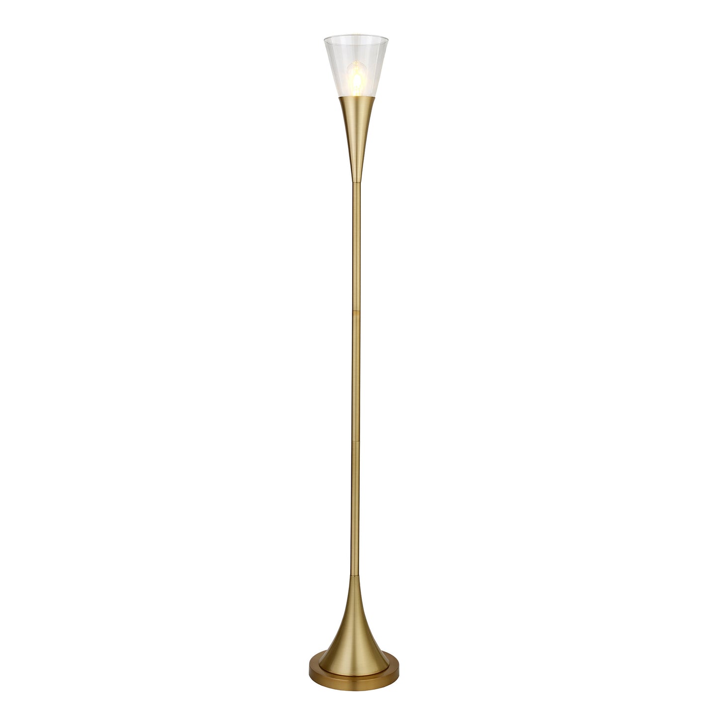 71" Brass Torchiere Floor Lamp With Clear Transparent Glass Cone Shade