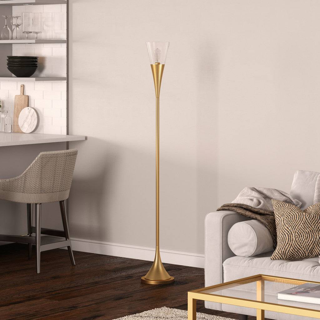 71" Brass Torchiere Floor Lamp With Clear Transparent Glass Cone Shade