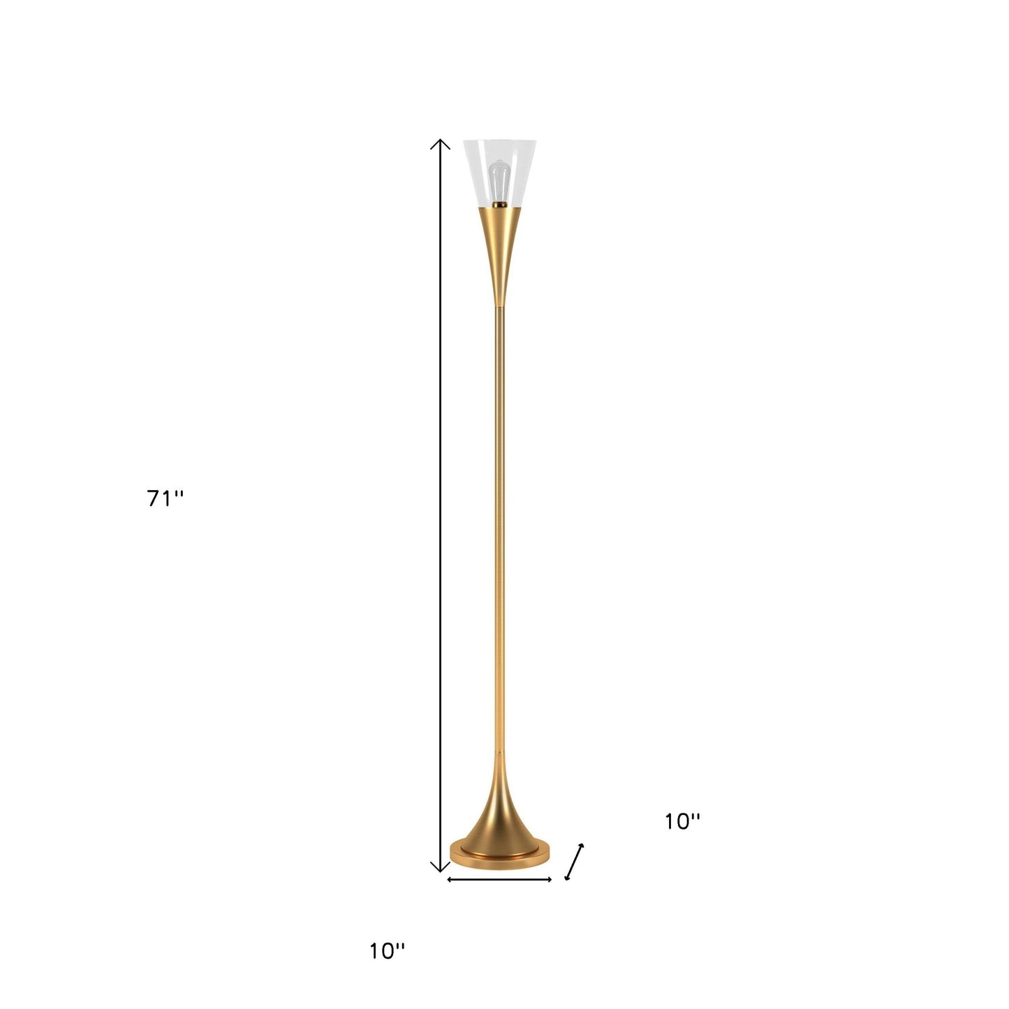 71" Brass Torchiere Floor Lamp With Clear Transparent Glass Cone Shade