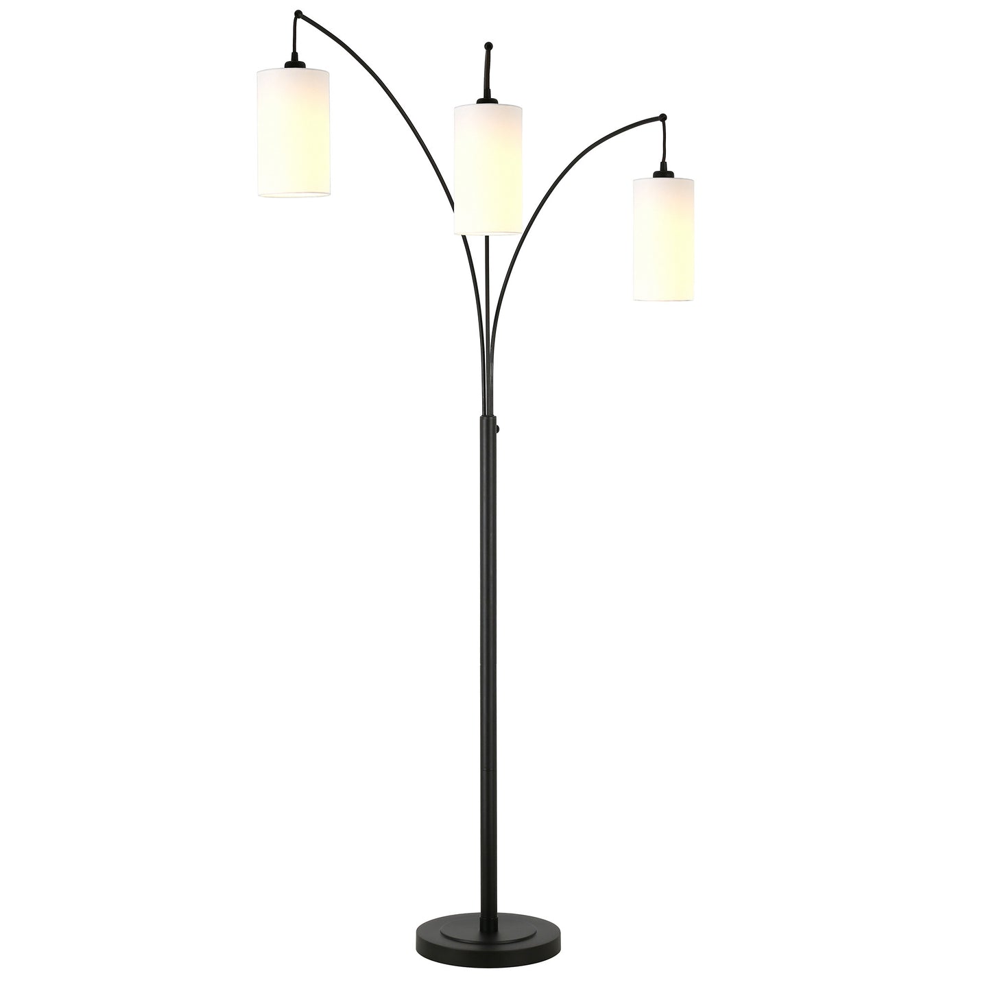 83" Black Three Light Torchiere Floor Lamp With White Frosted Glass Drum Shade