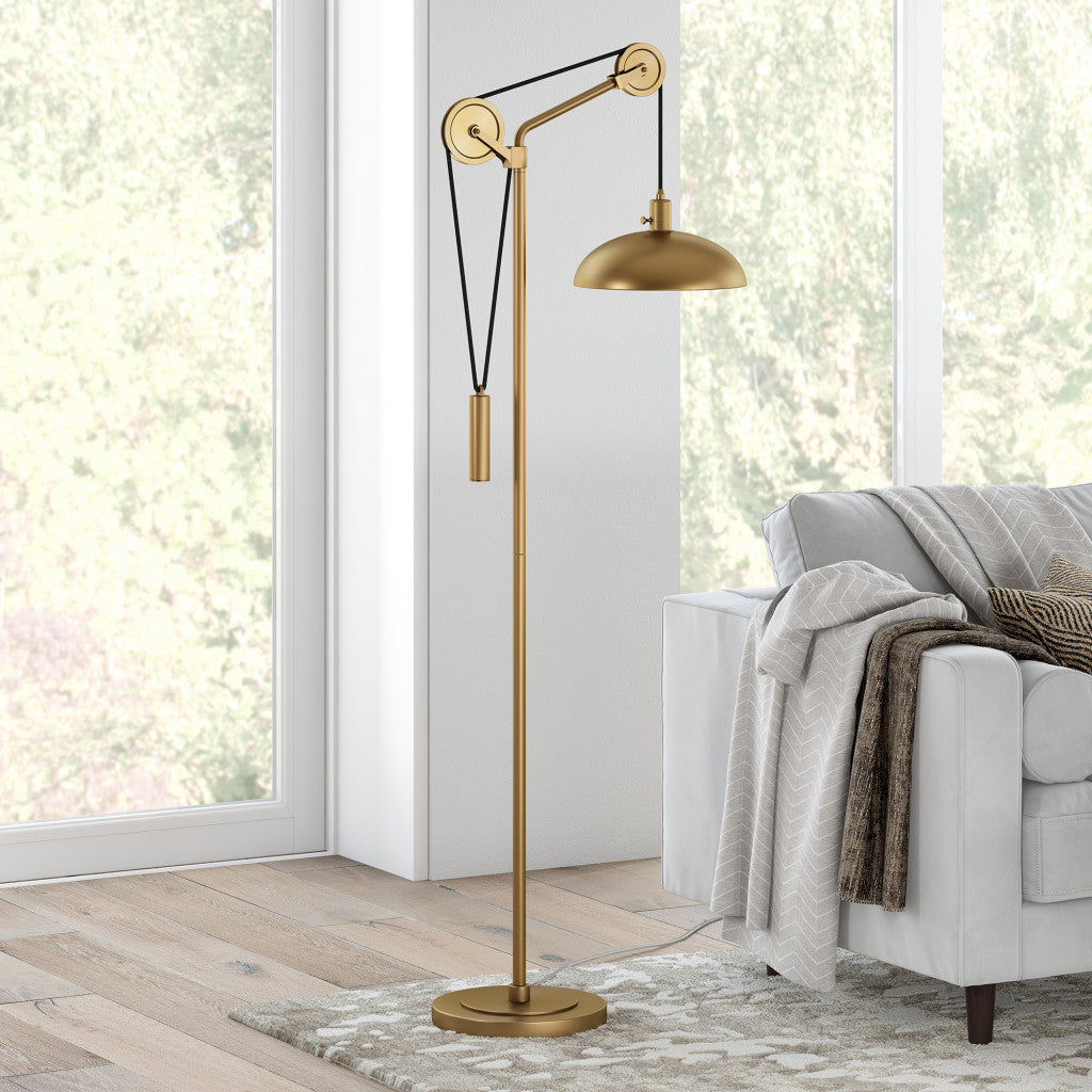 72" Brass Reading Floor Lamp With Brass Dome Shade