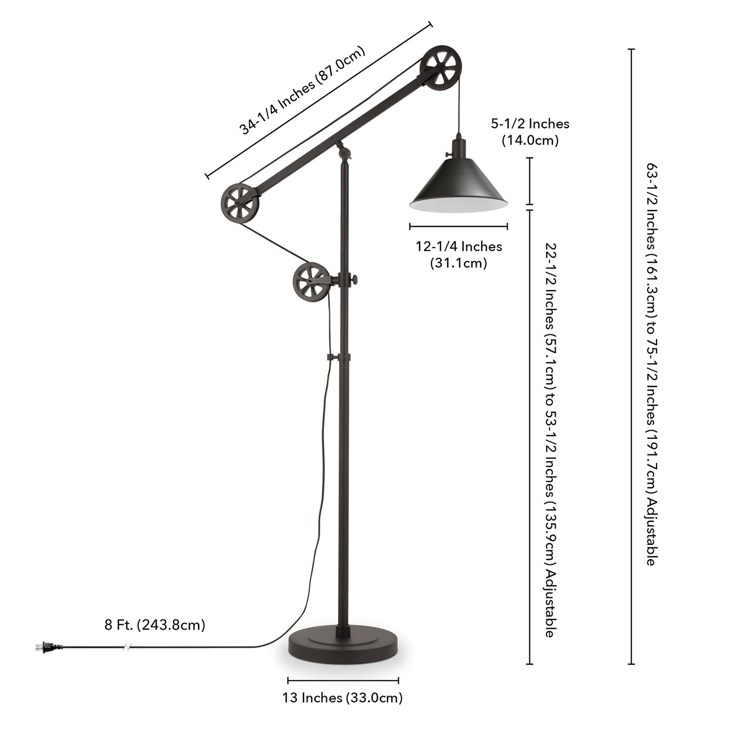 70" Black Reading Floor Lamp With Black Cone Shade