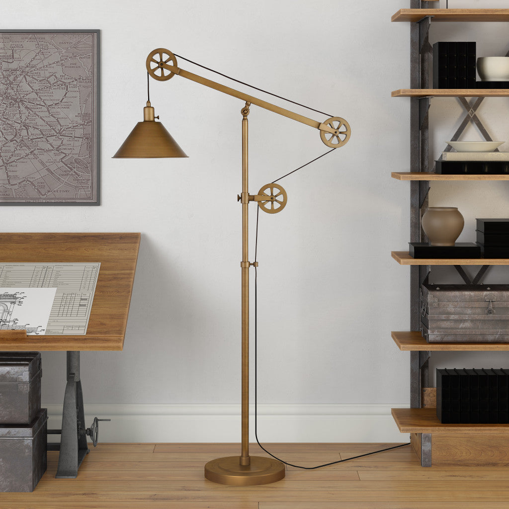70" Brass Reading Floor Lamp With Gold Cone Shade