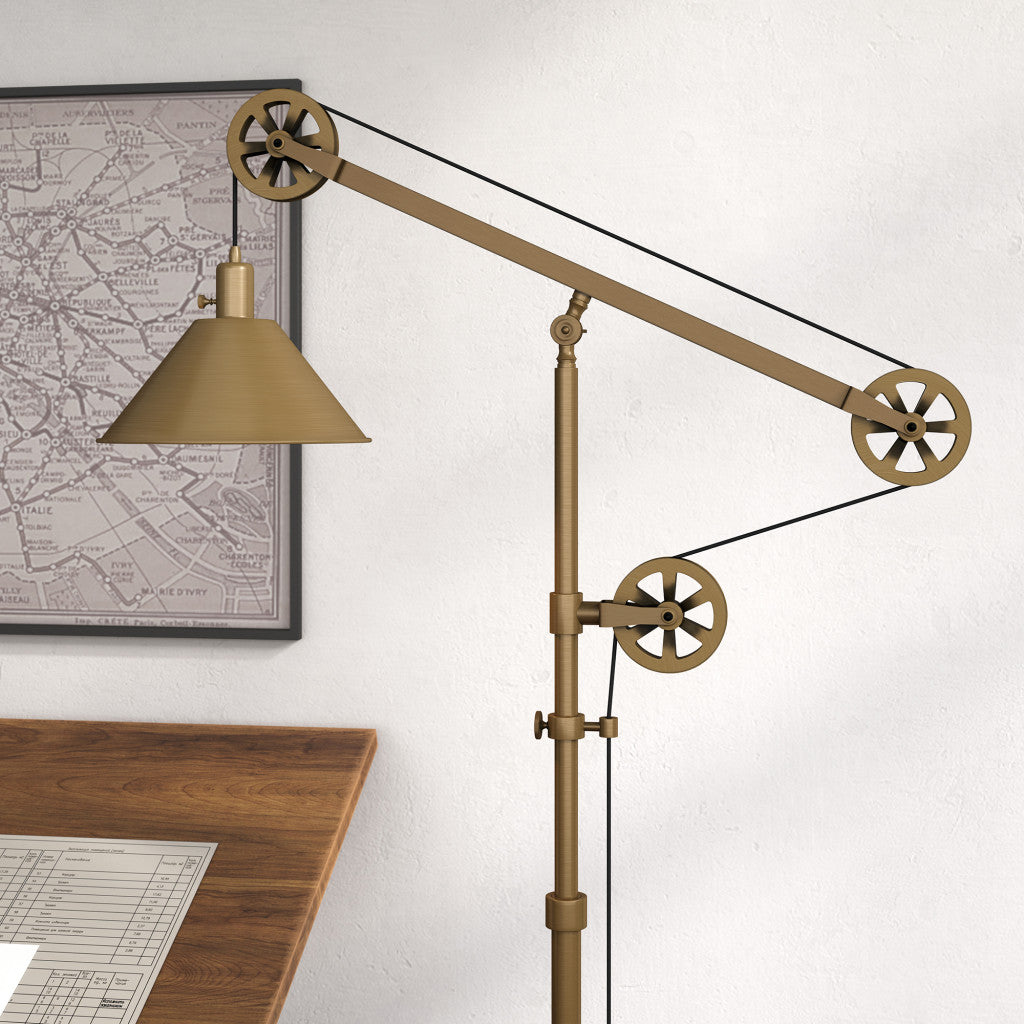 70" Brass Reading Floor Lamp With Gold Cone Shade