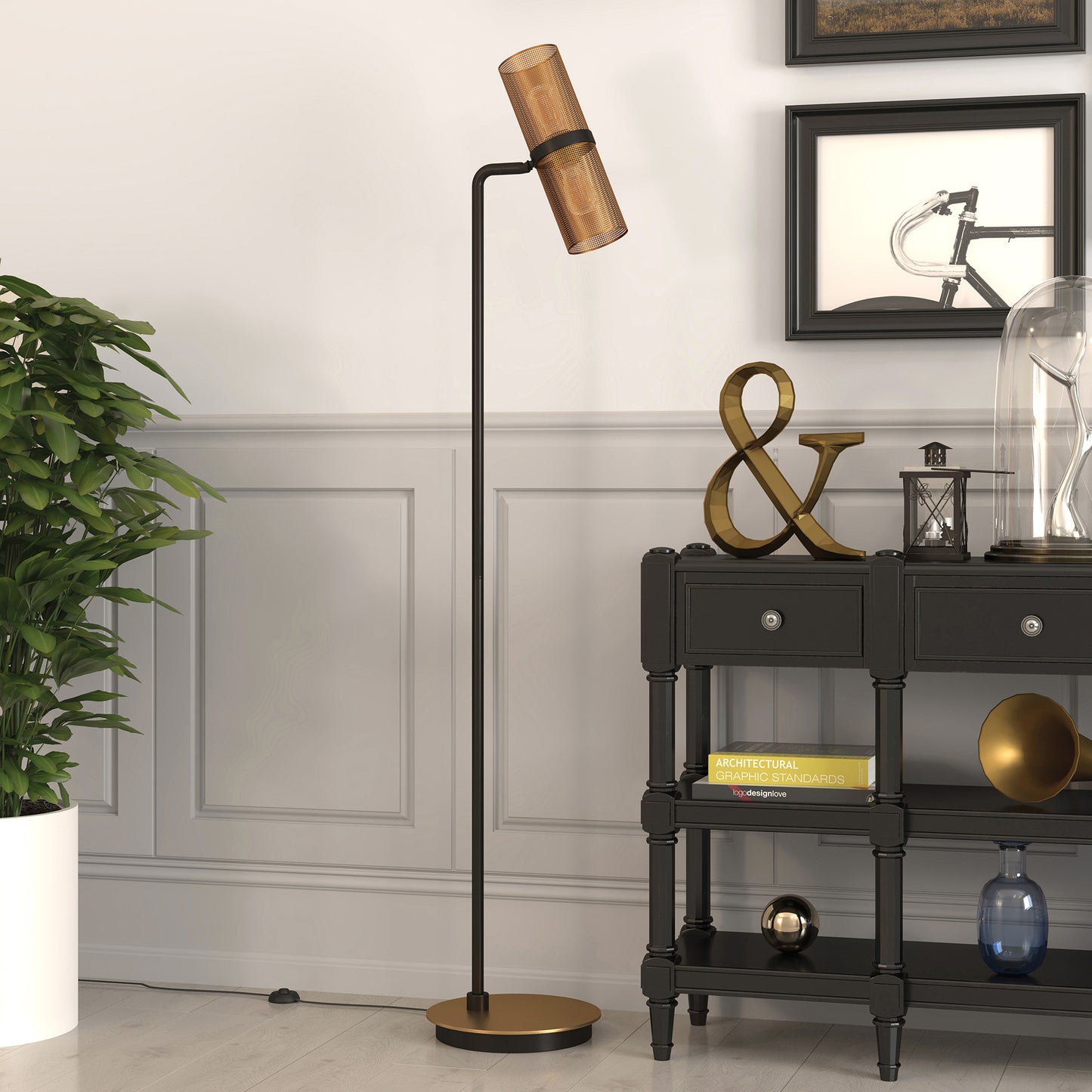 62" Black Reading Floor Lamp With Brass Drum Shade