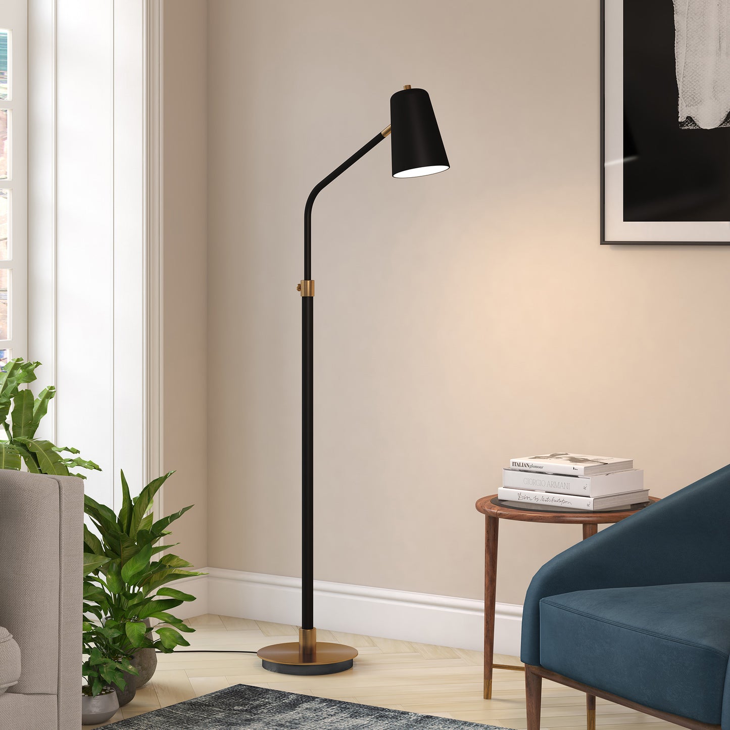 65" Black Adjustable Traditional Shaped Floor Lamp With Black Cone Shade