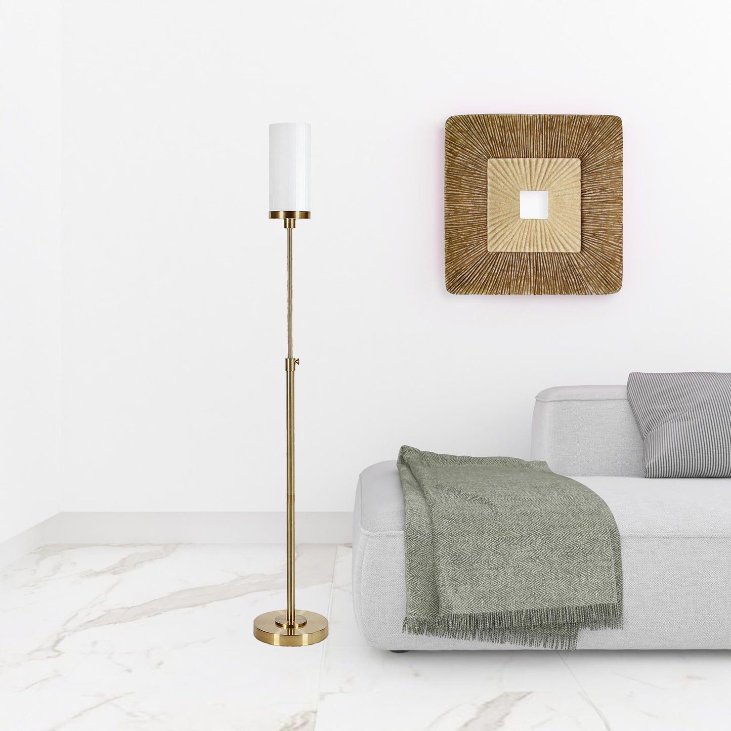 66" Brass Torchiere Floor Lamp With White Frosted Glass Drum Shade