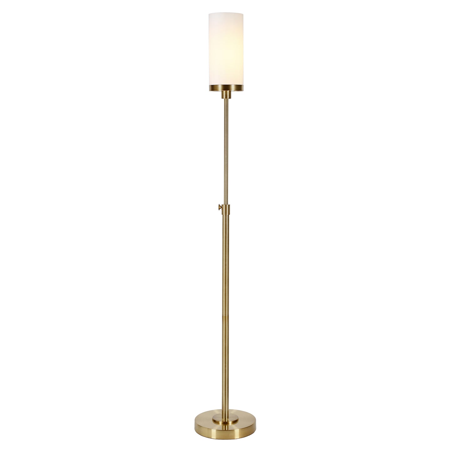 66" Brass Torchiere Floor Lamp With White Frosted Glass Drum Shade