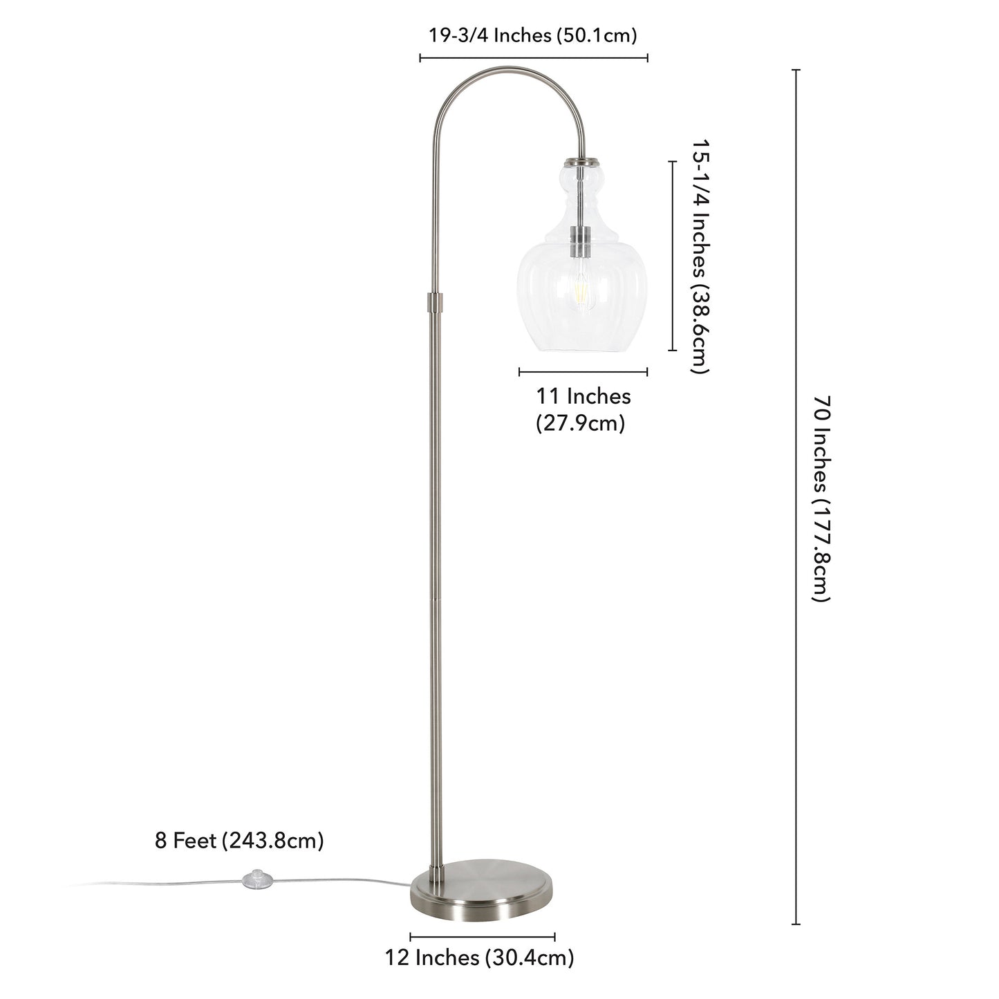 70" Nickel Arched Floor Lamp With Clear Transparent Glass Dome Shade