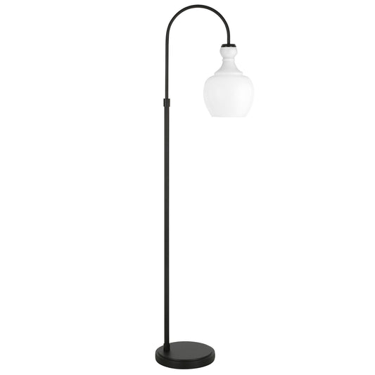 70" Black Arched Floor Lamp With White Frosted Glass Dome Shade