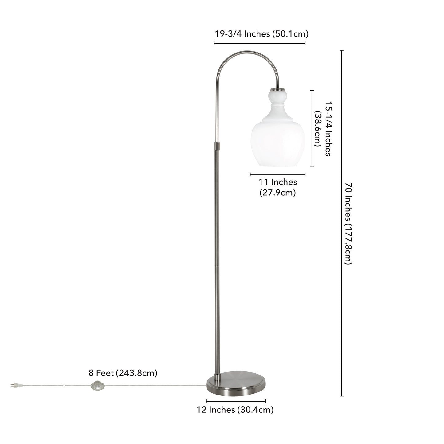 70" Nickel Arched Floor Lamp With White Frosted Glass Dome Shade