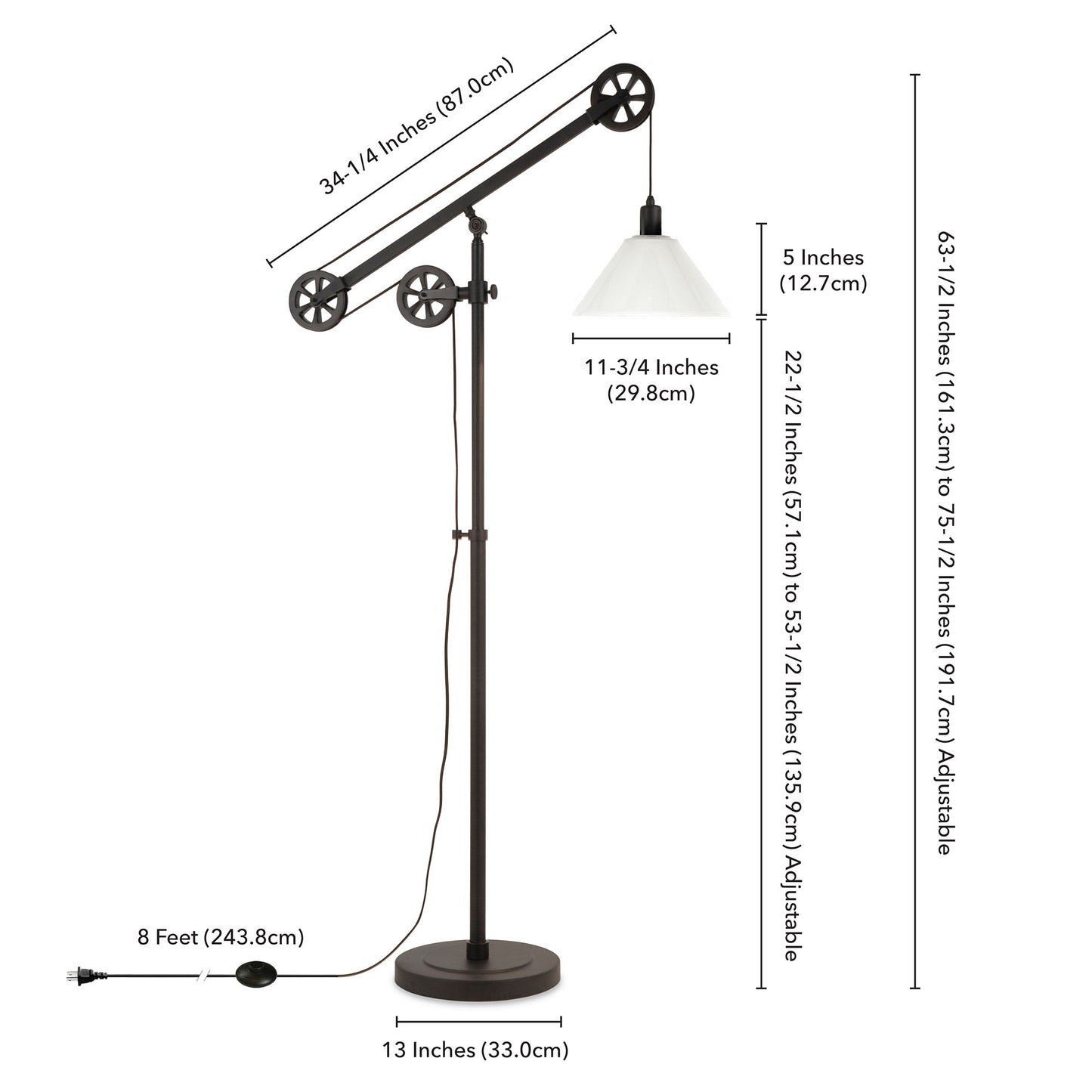 70" Black Reading Floor Lamp With White Frosted Glass Cone Shade