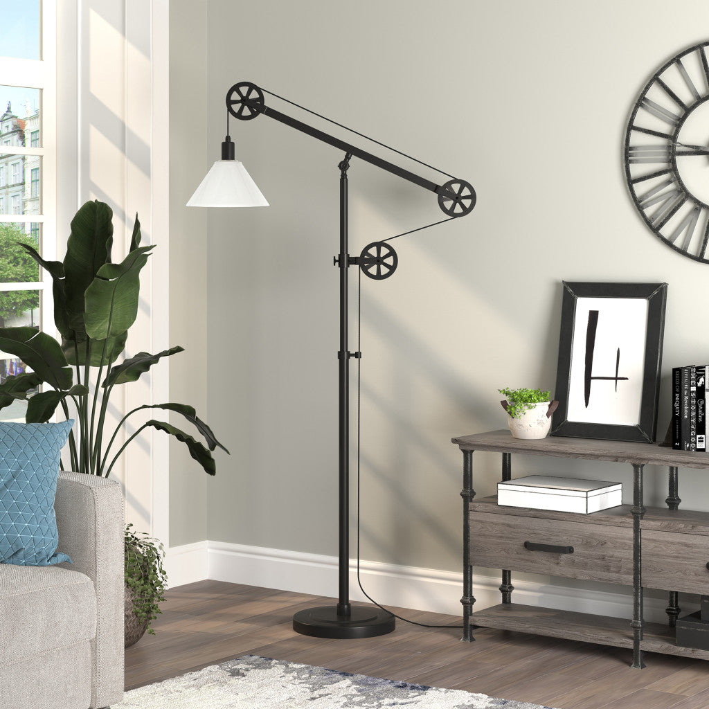 70" Black Reading Floor Lamp With White Frosted Glass Cone Shade