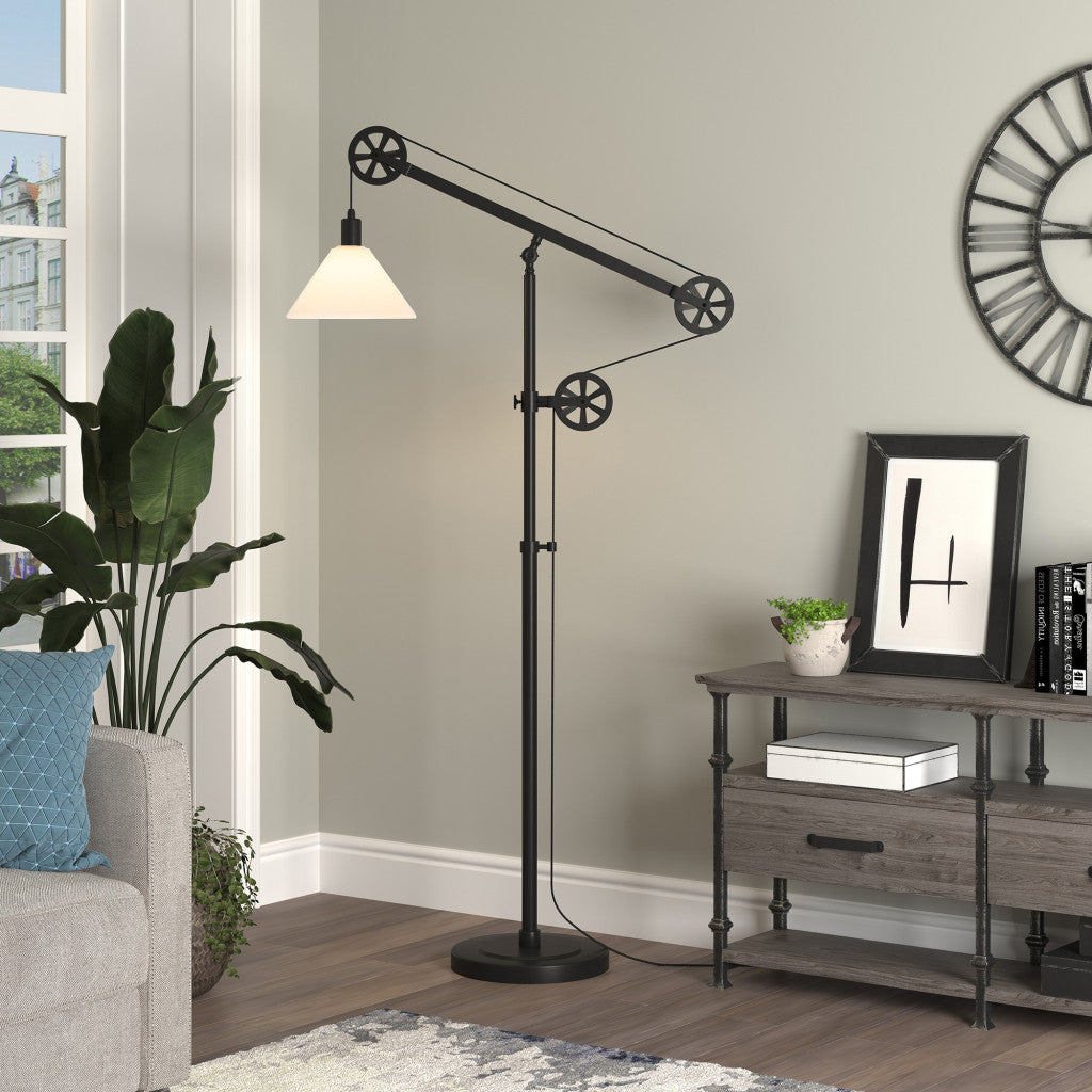 70" Black Reading Floor Lamp With White Frosted Glass Cone Shade