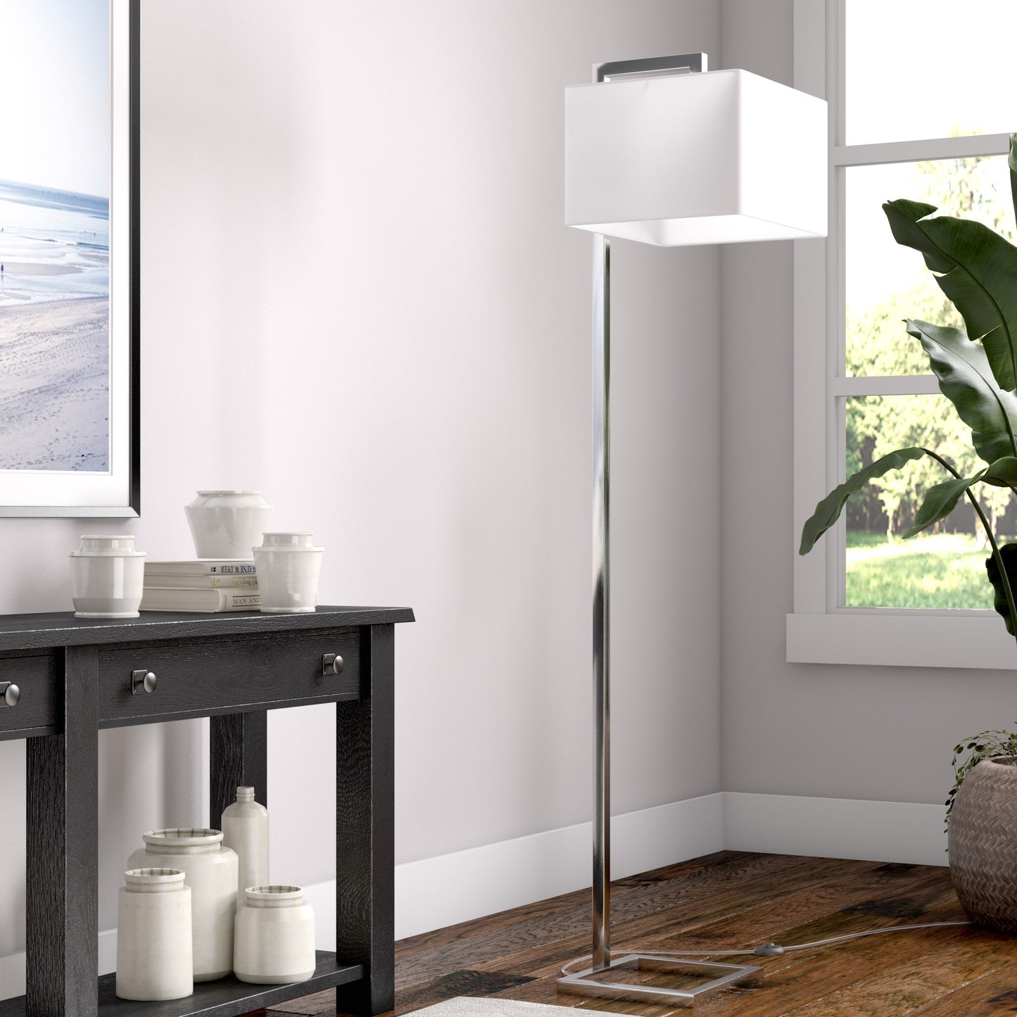 68" Nickel Floor Lamp With White Frosted Glass Rectangular Shade