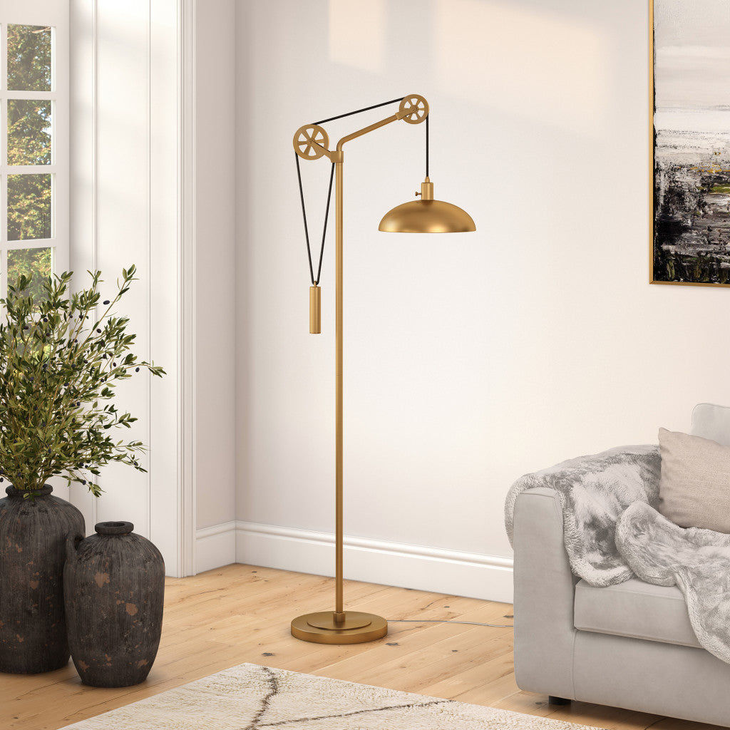 72" Brass Reading Floor Lamp With Brass Dome Shade