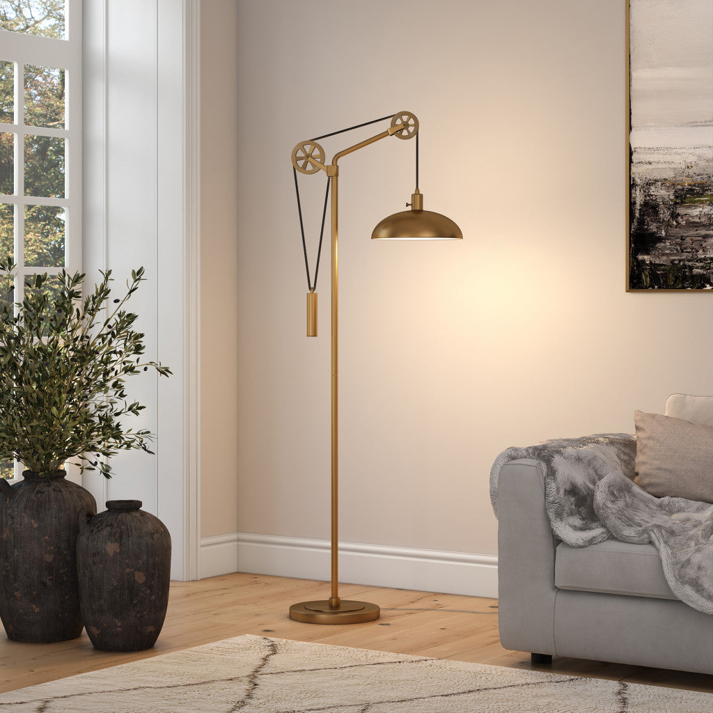 72" Brass Reading Floor Lamp With Brass Dome Shade