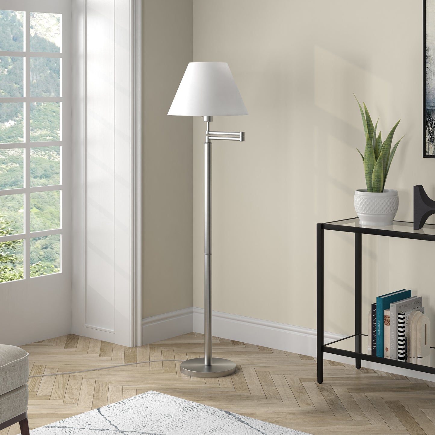 62" Nickel Swing Arm Floor Lamp With White Frosted Glass Empire Shade