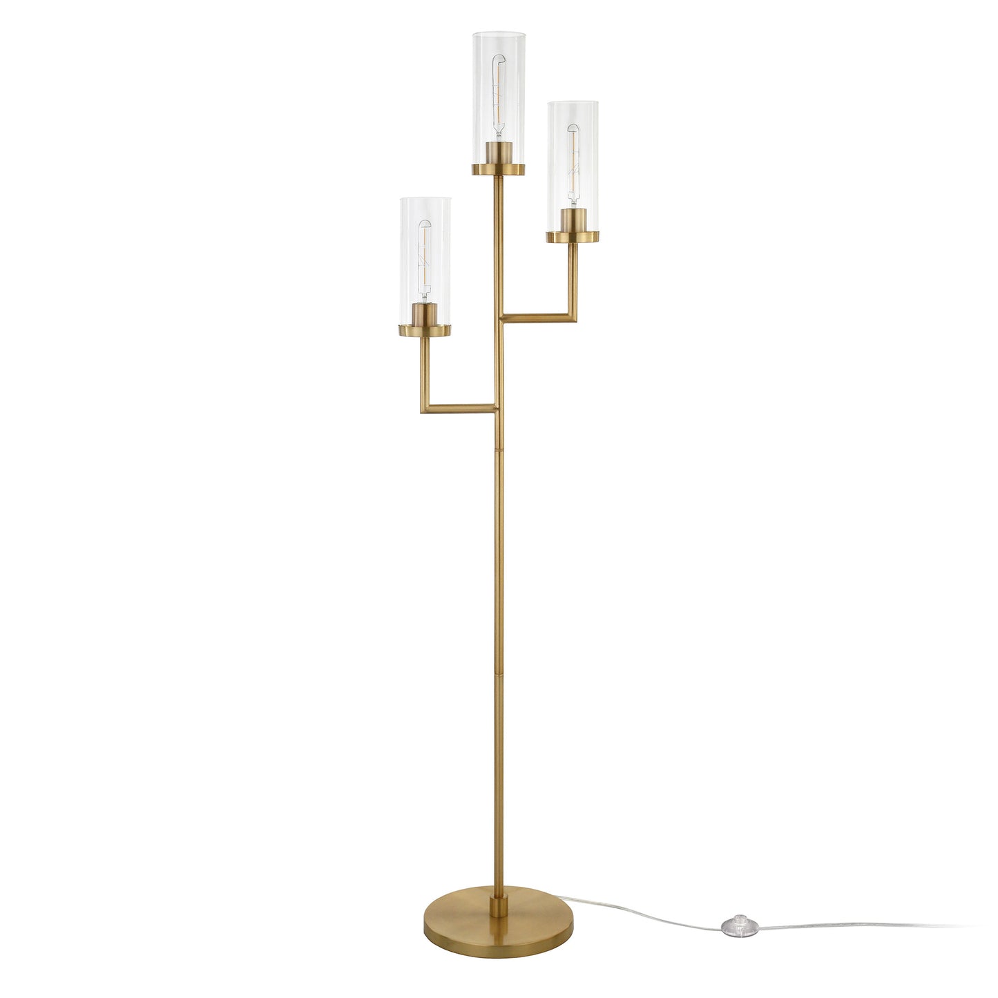 69" Brass Three Light Torchiere Floor Lamp With Clear Transparent Glass Drum Shade