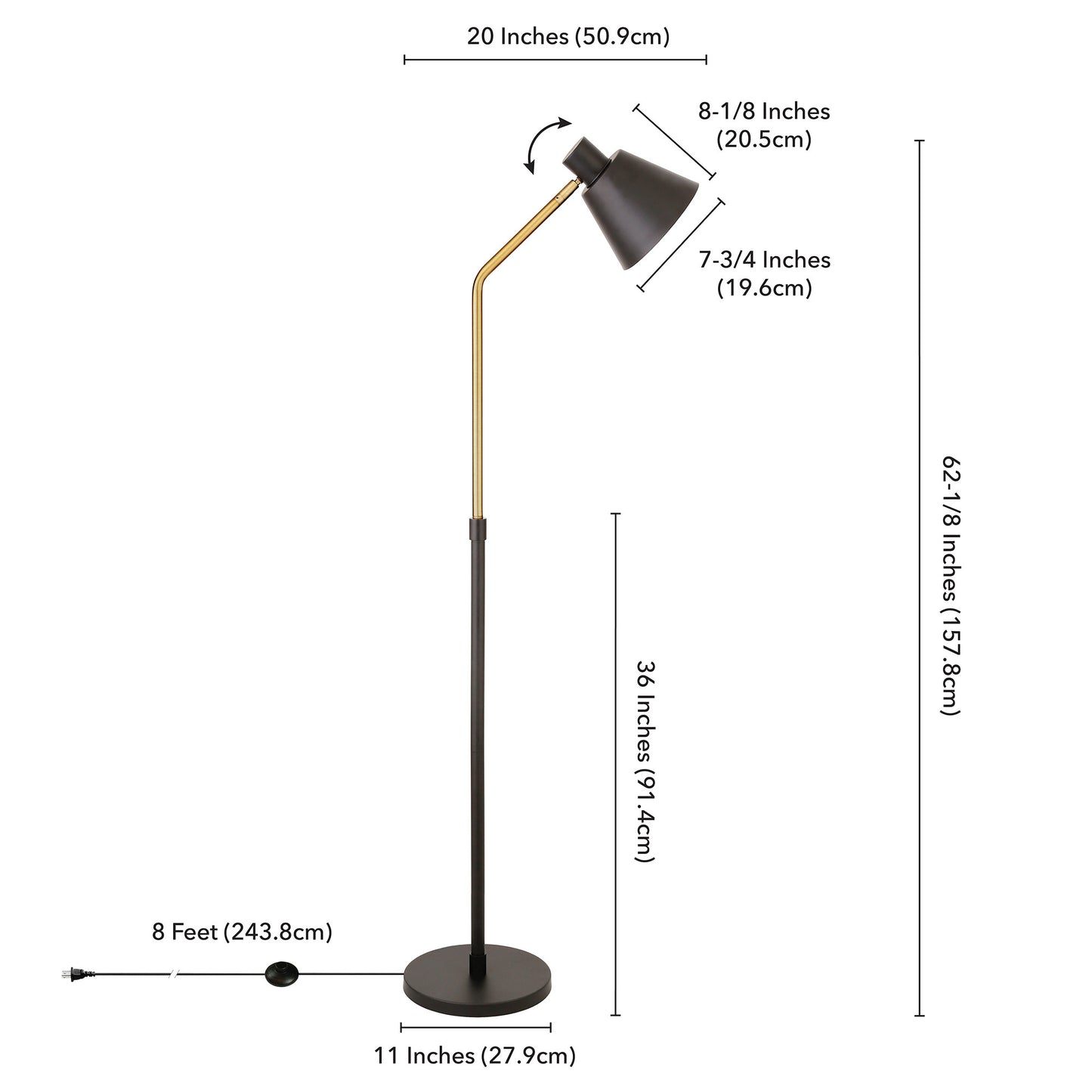 63" Black Reading Floor Lamp With Black Cone Shade