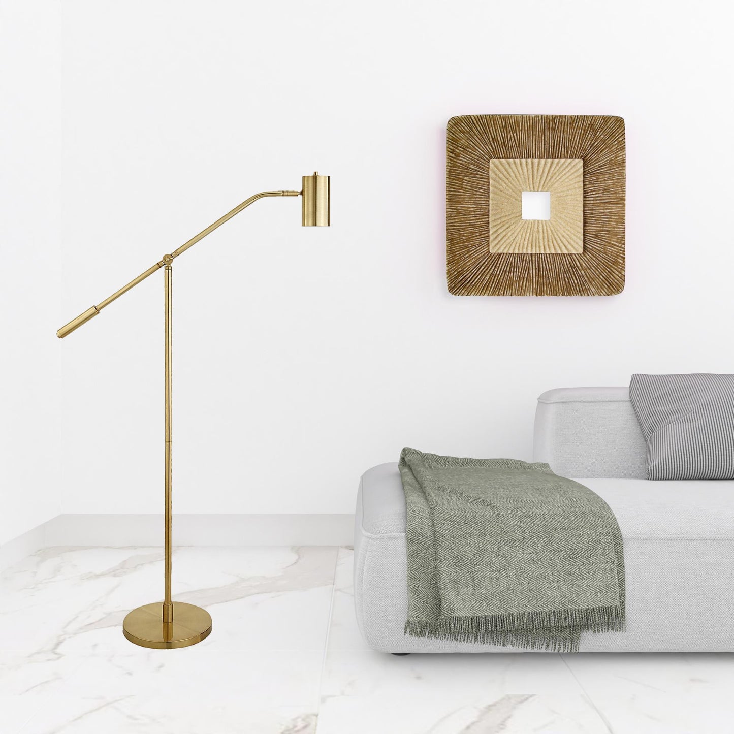 60" Brass Swing Arm Floor Lamp With Brass Drum Shade