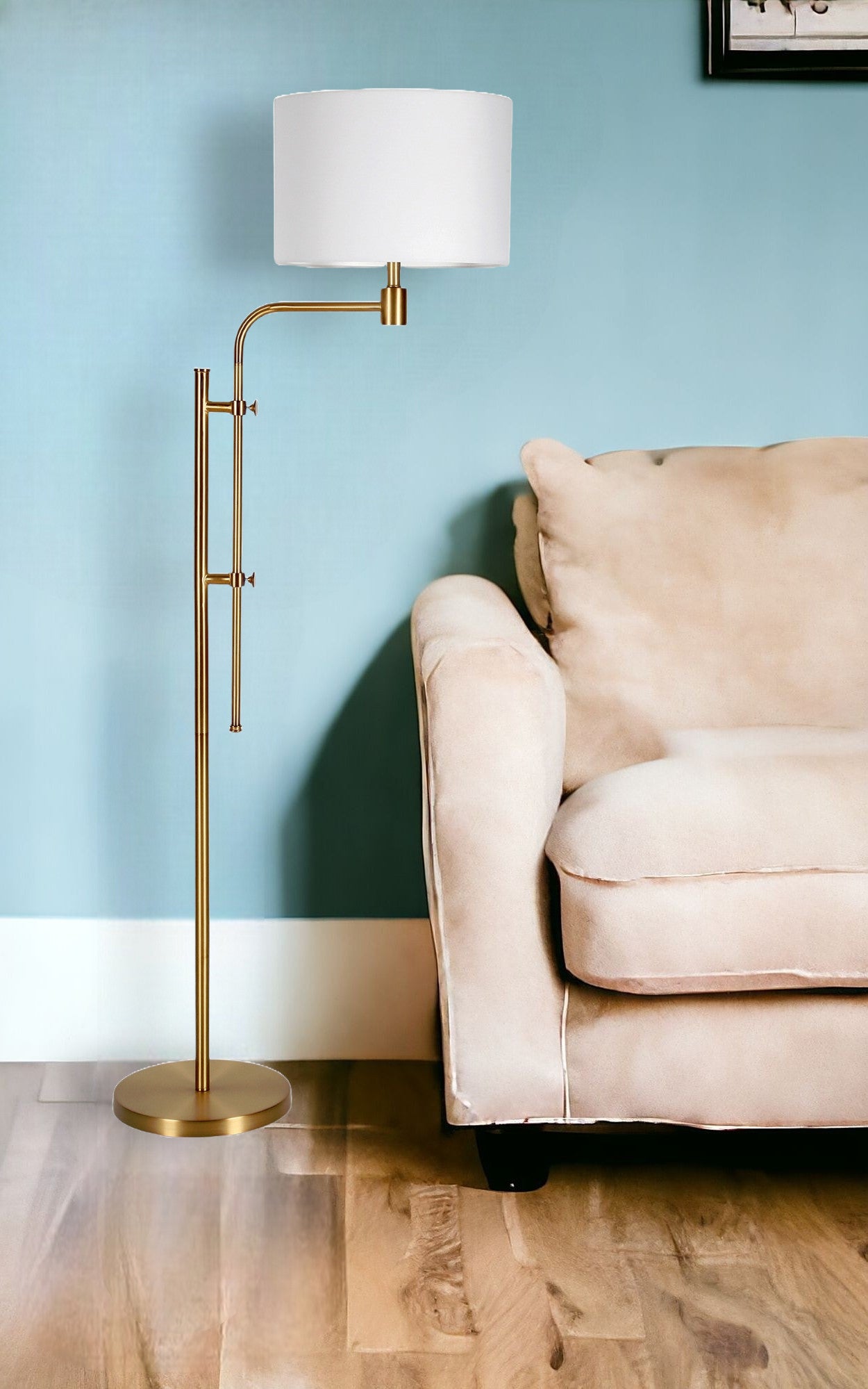 71" Brass Adjustable Floor Lamp With White Fabric Drum Shade