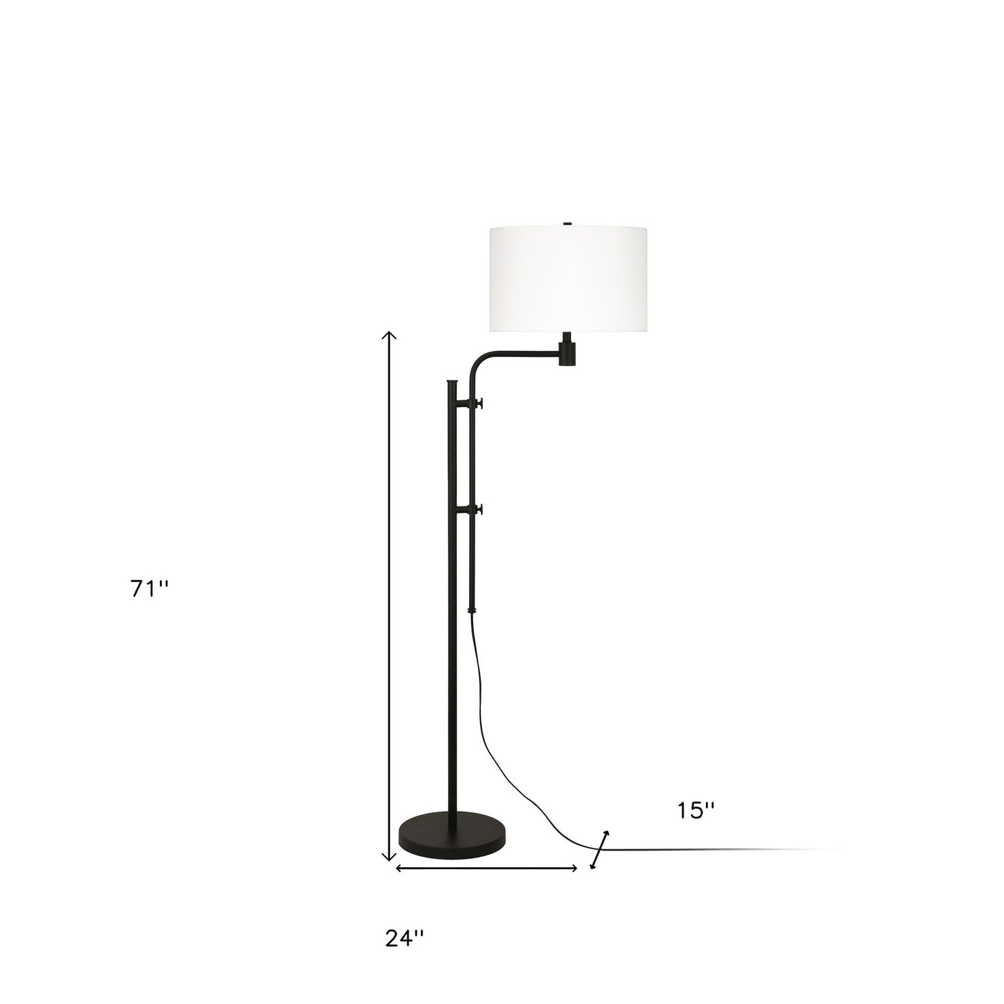 71" Black Adjustable Floor Lamp With White Frosted Glass Drum Shade