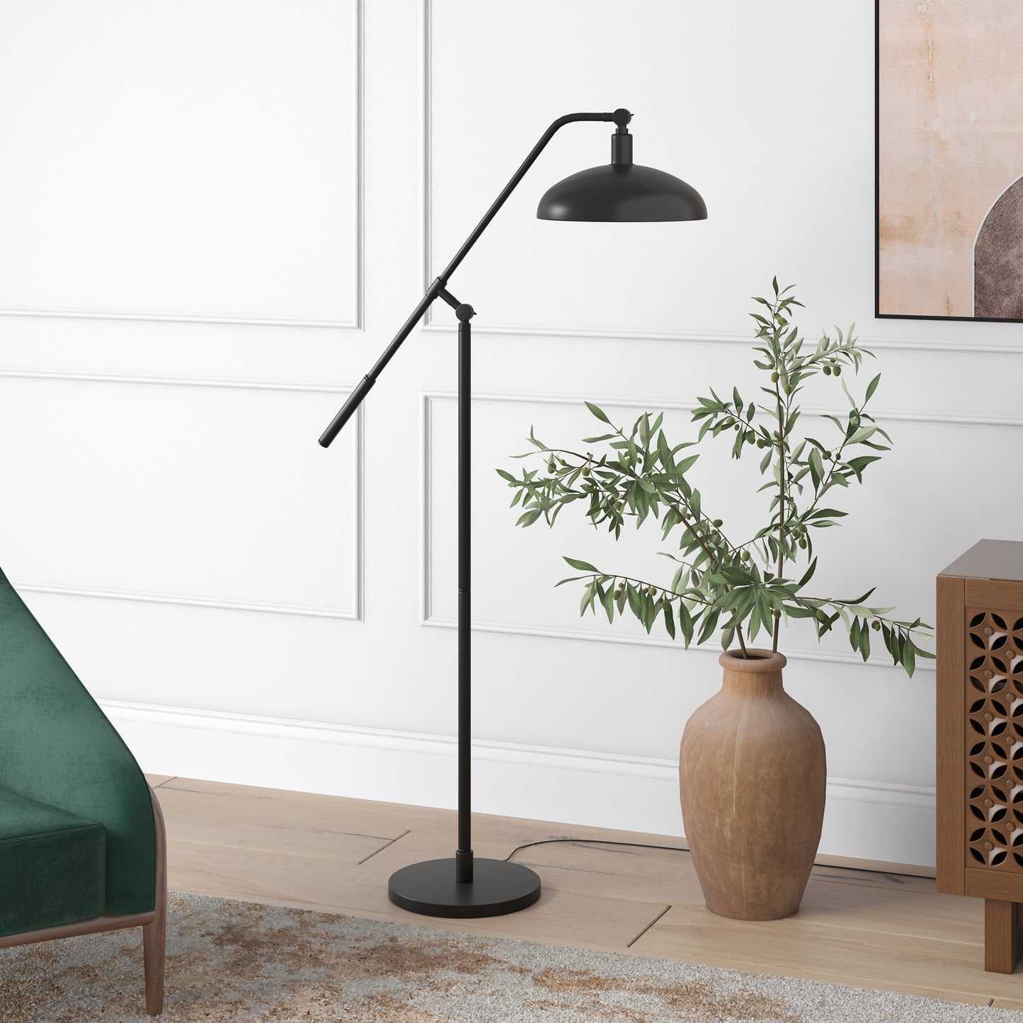 62" Black Reading Floor Lamp With Black Dome Shade