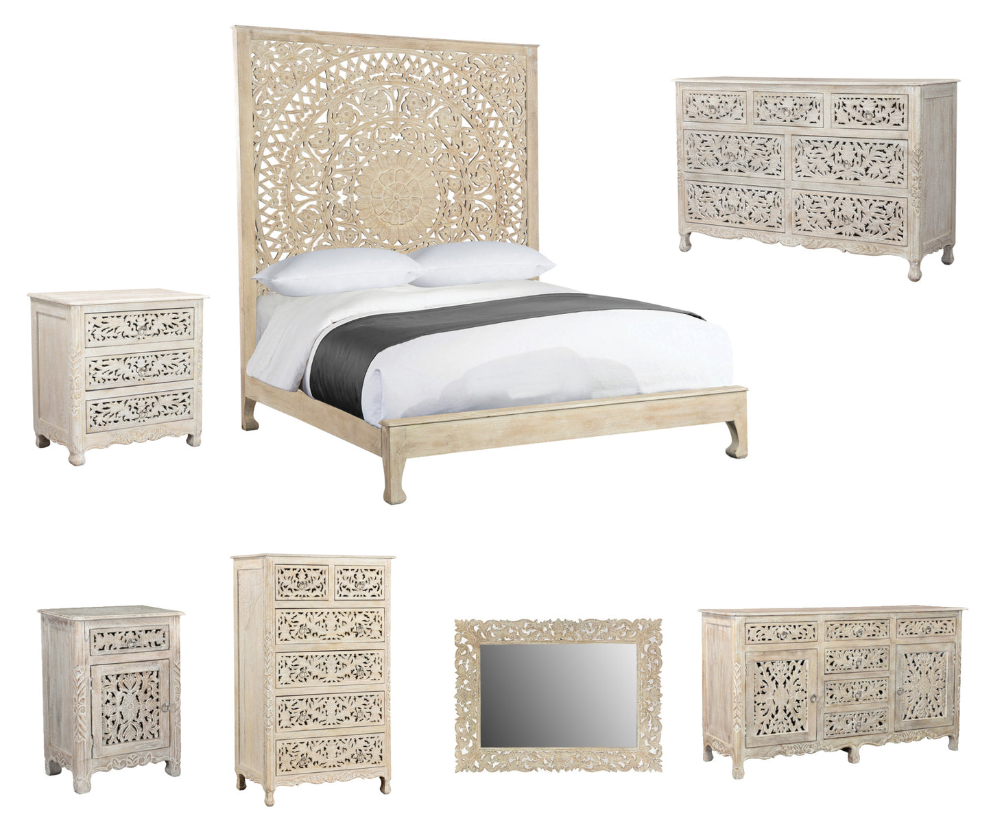 Solid Wood Queen White Carved Medallion Bed