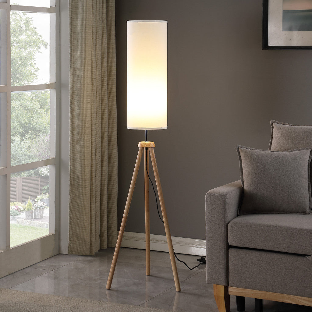 58" Natural Wood Look Tripod Floor Lamp With White Shade