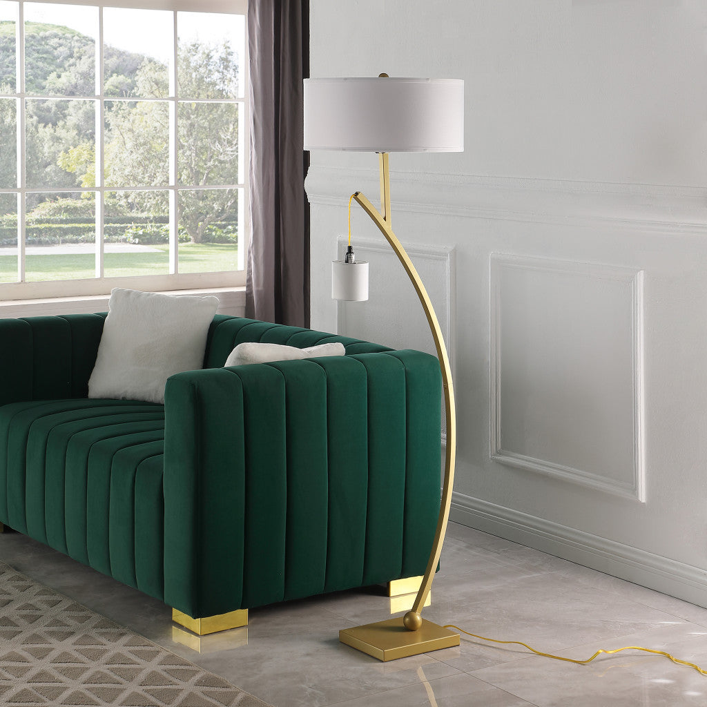59" Matte Gold Dual Arc Floor Lamp With White Drum Shade