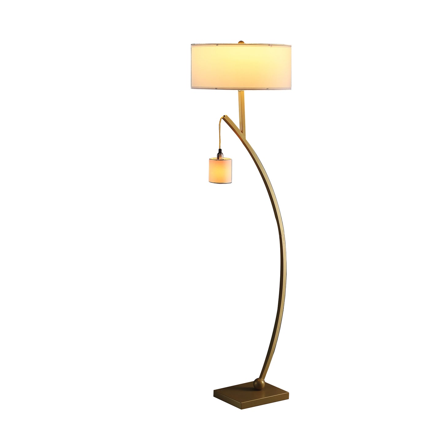 59" Matte Gold Dual Arc Floor Lamp With White Drum Shade