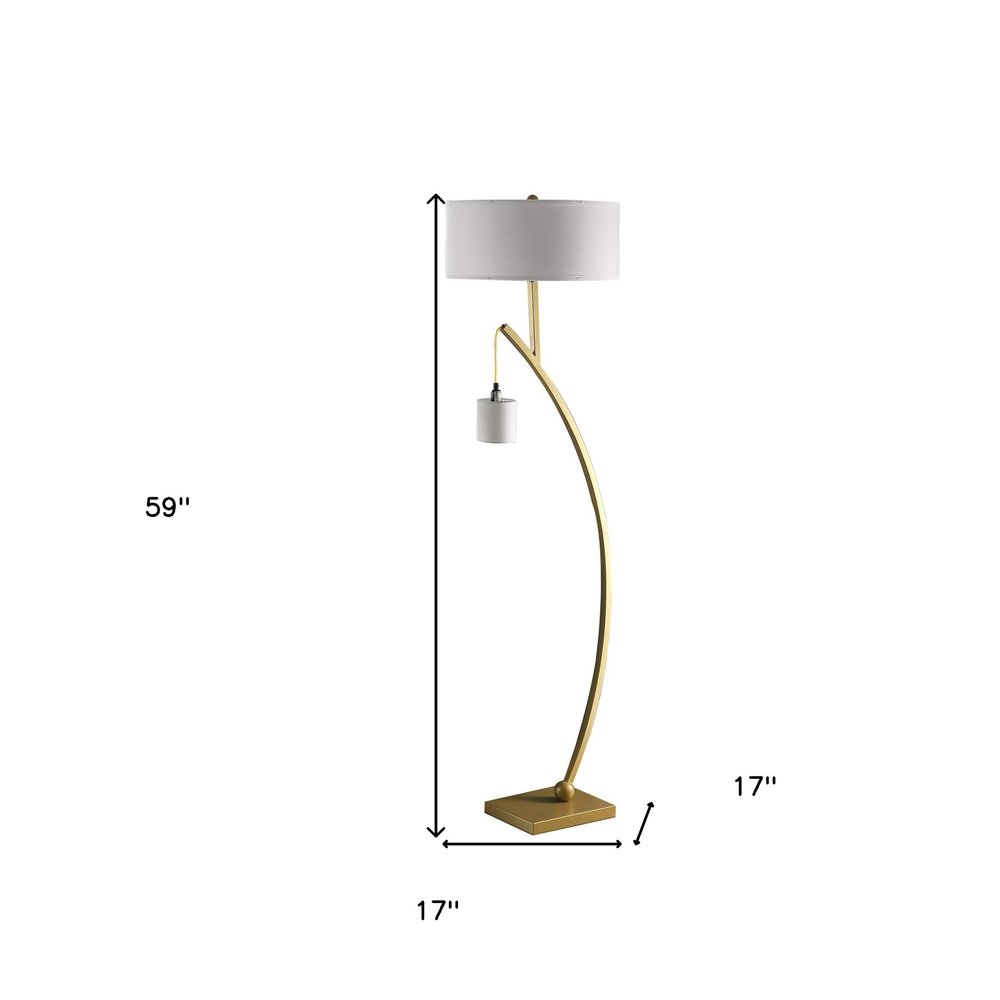 59" Gold And White Arc Floor Lamp With White Fabric Drum Shade