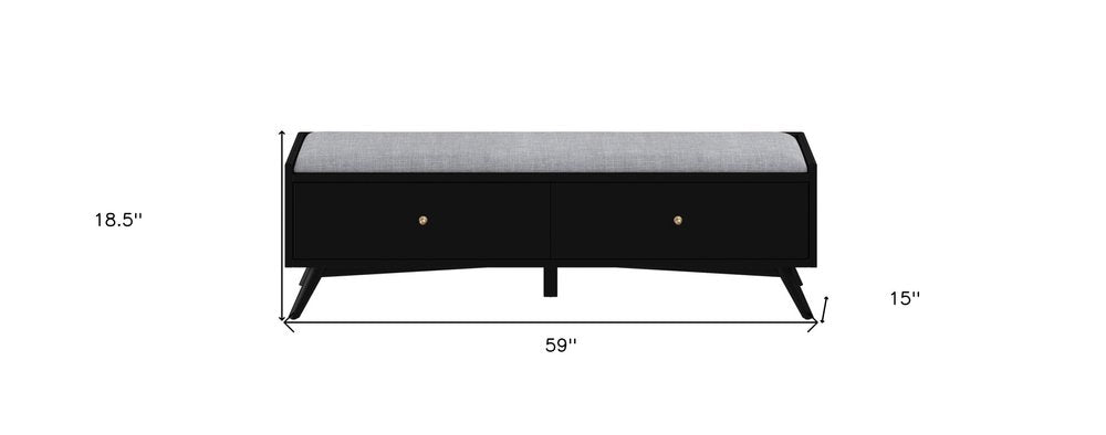 59" Gray And Black Fabric And Solid Wood Upholstered Storage Bench With Drawers
