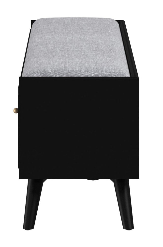 59" Gray And Black Fabric And Solid Wood Upholstered Storage Bench With Drawers