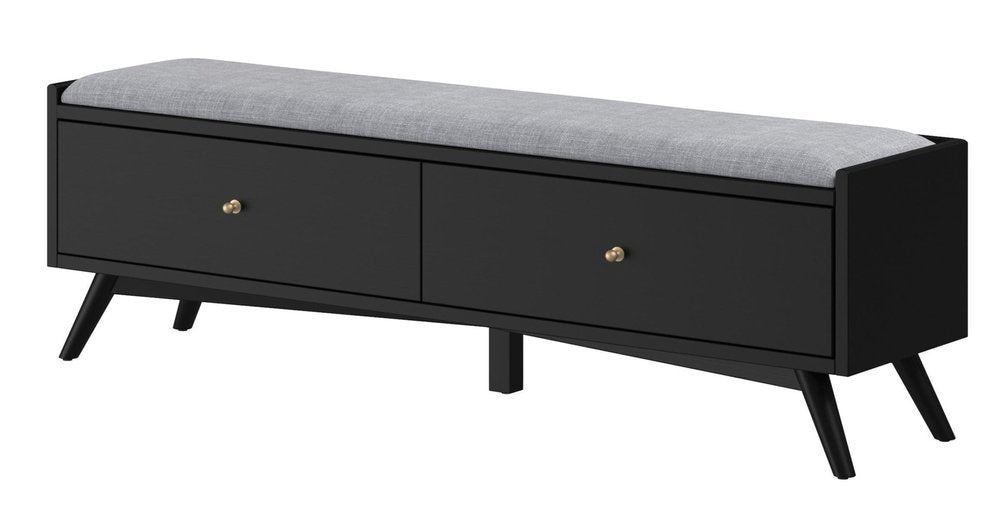 59" Gray And Black Fabric And Solid Wood Upholstered Storage Bench With Drawers