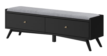 59" Gray And Black Fabric And Solid Wood Upholstered Storage Bench With Drawers