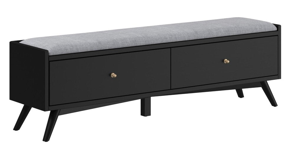 59" Gray And Black Fabric And Solid Wood Upholstered Storage Bench With Drawers