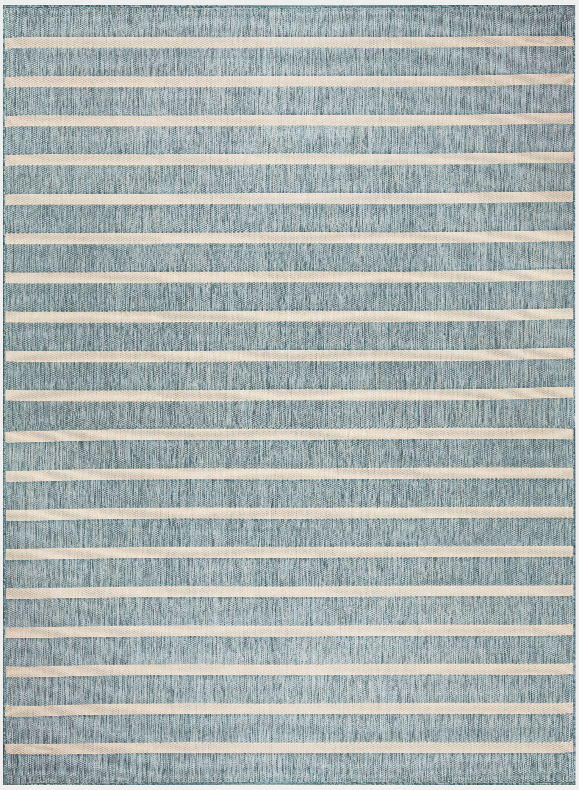 Rectangular blue textured area rug with Cream horizontal stripes; modern coastal weave.