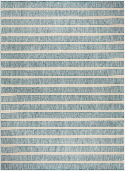 Rectangular blue textured area rug with Cream horizontal stripes; modern coastal weave.