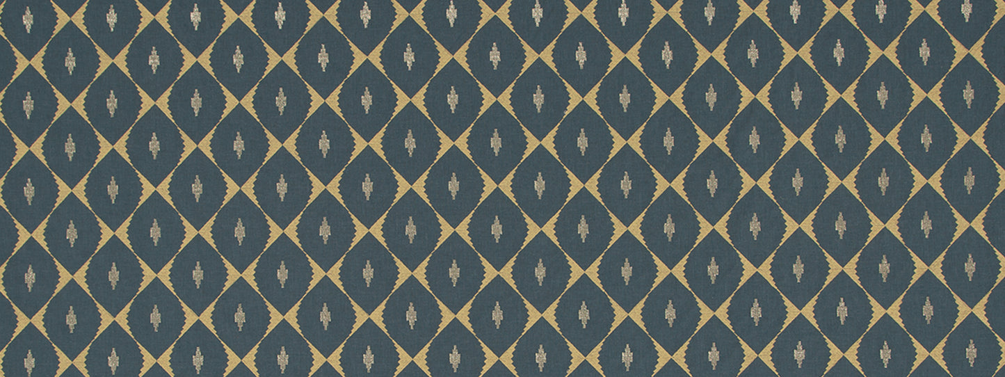 Blue and tan diamond lattice wallpaper with tiny central motif; vintage geometric wallcovering