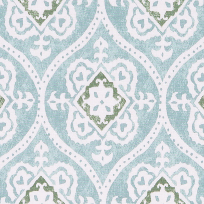 Sage damask print with white ornate motifs and olive-green diamond accents, suitable for wallpaper or fabric.