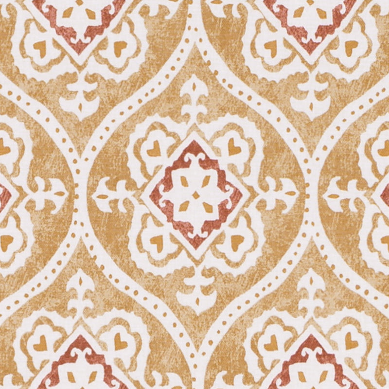 Warm beige/gold damask print with white scrollwork and small red diamond accents, repeating ornate motif.